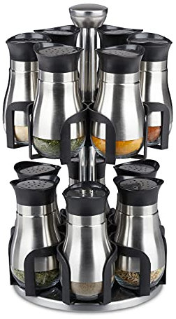Relaxdays Portaspezie Girevole in Acciaio Inox, 12 Barattoli in Vetro per Condimenti, per Lavastoviglie, Argentato Nero, 31.5 x 18 x 18 cm