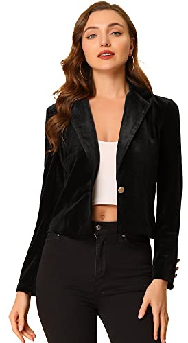 Allegra K Women's 1 Button Velvet Blazer Lapel Business Office Christmas Crop Suit Jacket, Black, S