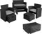 tectake Polyrattan Garten Sitzgruppe für 4 Personen mit Hocker, Rattan Gartenmöbel Set mit eingebauter Auflagenbox in der Sitzbank, Garten und Balkon Möbel - schwarz/grau