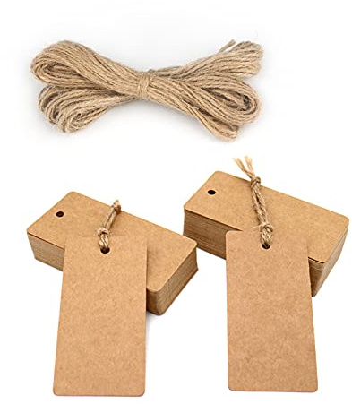 200pcs Etichette Rettangolari Regalo in Carta Kraft Tag Cartoncino 9x4,5CM e Spago di Iuta, per Natale Compleanno Bomboniere Artigianato (Marrone)