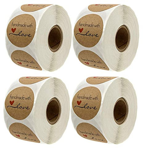 Qiwenr 4 * 500Stück,Handmade with Love Aufklebe,Liebe Aufkleber Rolle,Kraft Selbstgemacht mit liebe Aufkleber,Runder Aufkleber Abdichtung Aufkleber Etiketten Homemade with Aufkleber,Geschenksticker