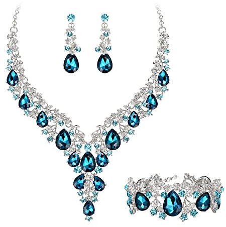 Clearine Set di gioielli da donna per matrimonio con cristalli austriaci a goccia, fiore, collana, orecchini e braccialetto per la maturità, cristallo, Nessuna pietra preziosa
