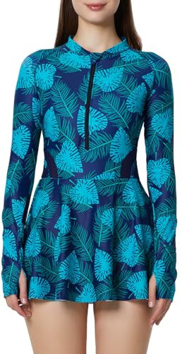 Ecupper Damen Badeanzug Langarm Rash Guard Modest One Piece Zipper Swim Dress Badeanzug mit Boyshorts Surfen Grün S