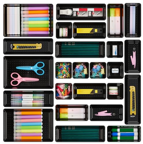Vtopmart 25 PCS Office Desk Drawer Organizers Set, 4-Size Versatile Plastic Drawer Organizer Trays, Storage Bins for Desk Accessories Office Organizers and Storage, Bathroom, Makeup, Vanity, Black