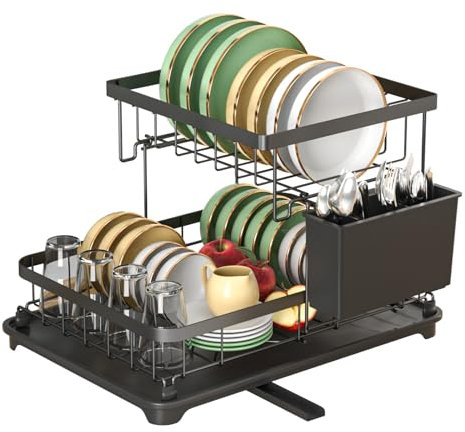 E-MANIS Dish Drying Rack,Dish Rack for Kitchen Counter,2 Tier Dish Rack w/a Cutlery Holder Compact Dish Drainers with 360° Swivel Drain Spout for Dishes,Cup,Knives,Spoons,Forks,Black, rzx-6371