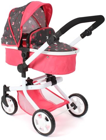 Bayer Chic 2000® Poussette de poupée 2en1 Mika - Butterfly Corail - Pliable - Poignée réglable en Hauteur 47-80 cm - Armature Moderne - Poupées jusqu'à 52 cm - 4-8 Ans