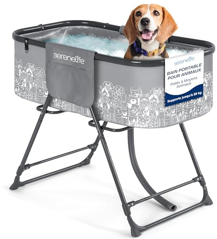 SereneLife Vasca da Bagno per Cani Portatile in PVC e Acciaio Inox, Altezza Regolabile Fino a 86 cm, Tubo di Scarico Integrato, Cani Accessori, Animali di Piccola e Media Taglia, Perfetto per Il Cane