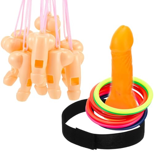 Cindeer Gioco di Anelli di Pene Incluso 1 Testa per Lancio degli Anelli del Pene 12 Anelli di Lancio del Pene 12 Fischietti da Festa a Forma di Pene Fischietto Divertente per Donne Uomini