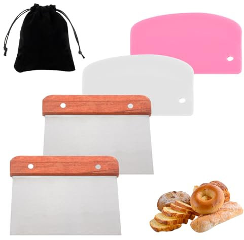 BORISCA 4 raschietti da cucina, 2 spatole in acciaio inox + 2 spatole in plastica con un sacchetto di conservazione, raschietto da cucina, manico in legno, grande per torte, pizza, torte, impasto