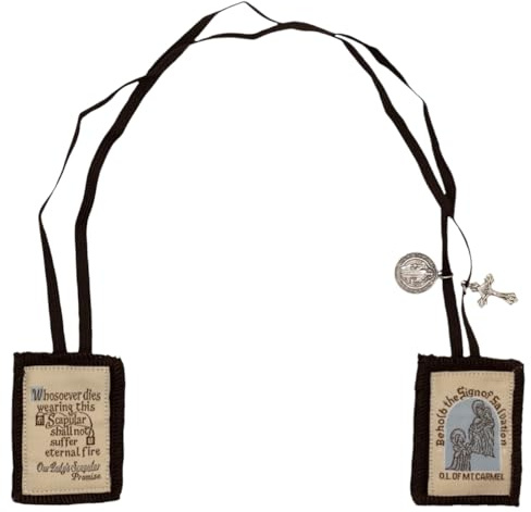 Brown Wool Scapular with Saint Simon Stock Prayer Card | Marian Wearable Devotional | Great Catholic Gift for First Holy Communion or Confirmation (With Cross and St. Benedict Medal)