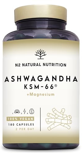 Ashwagandha KSM-66 + Magnesio. Alto Dosaggio 7500mg, 180 Capsule. Integratore con Withanolidi, Alcaloidi, Flavonoidi. Umore, Concentrazione. Adattogeno Naturale. N2 Natural Nutrition