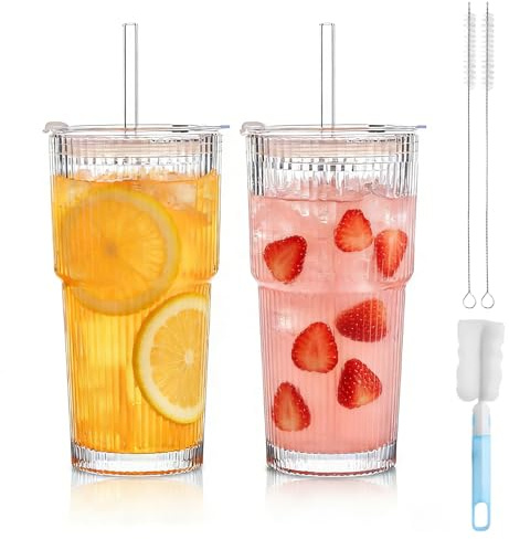 ALKNOT 2 stycken 600 ml ribbade glasmuggar med lock och sugrör, tjockväggiga och robusta smoothie-koppar av högkvalitativt glas – lufttät och vattentät design, perfekt för kaffe