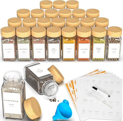 DIFULI 36 kryddburkar fyrkantigt set med lock, 120 ml kryddburkar med 340 etiketter, kryddströare, kryddburkar med tratt med ströinsats, tomma trycketiketter, sju (36 bambu)