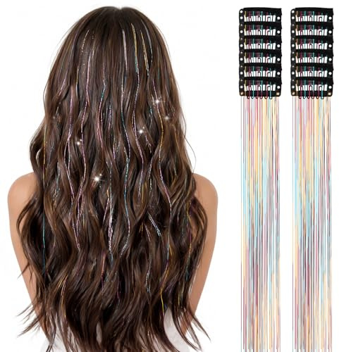 12 Piezas Clip In Tinsel Glitter Extensiones De Cabello,Mechones Clip-In Con Tinsel Brillante,Extensiones De Pelo Brillante Con Clips,Accesorios Para El Pelo Deslumbrantes Para Navidad,Fiesta