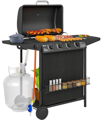 Outsunny Barbecue a Gas in Acciaio 4+1 Bruciatori Indipendenti con Coperchio e Termometro, BBQ a Gas con Ruote, Griglie, Tavolino Laterale, Portaspezie, Vaschetta Raccogli Grasso, Regolatore, Nero