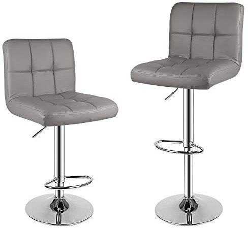 bigzzia Taburete de Bar Juego de 2, Taburetes Altos de Cocina, Cuero Sintético Silla de Bar Regulable en Altura con Respaldo y Reposapiés, Giratorio en 360°, para Cocina, Mostrador, Bar, Gris