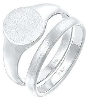 Kuzzoi Herrenringe, Siegelring (12 mm) und Klassischer Bandring (3 mm) breit in 925 Sterling Silber, 2 Massive Silberringe für Männer, Silber Ring Set Herren, Ringgröße 60, 0603482621_60