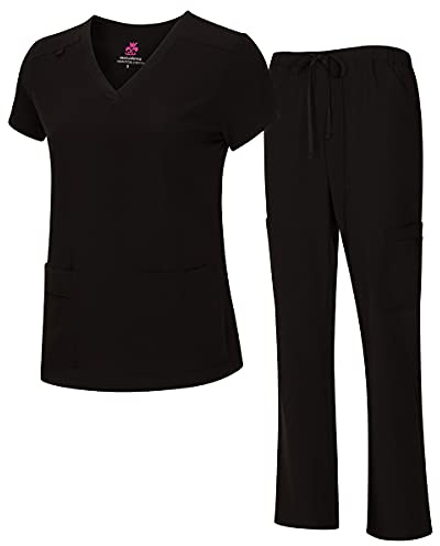 Natural Uniforms dam cool stretch V-ringad topp och cargo byxa skrubb set med vanliga och små storlekar, Svart, XXL