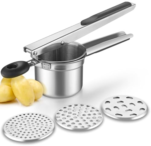 WILLIZTER Potato Ricer, Stainless Steel Fruit and Vegetables Masher Food Ricer Large Capacity with 3 Interchangeable Discs & Inner Cup