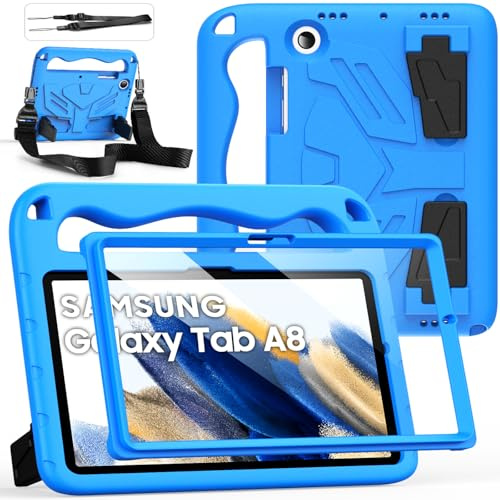 DUZZONA Barnfodral för Samsung Galaxy Tab A8 10,5 tum 2022, blå | SM-X200/SM-X205/SM-X207, lätt EVA-stötsäkert skyddshölje med stativ och axelband