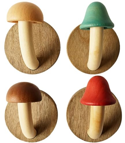 Alipis Mushroom Decor Wall Hooks 4pcs Wood Adhesive Wall Hooks for Bathroom Kitchen Coat Hangers