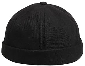 HATSQUARE Cotton Docker Cap, Unisex Brimless Cap, Men Skull Cap, Brimless Beanie Hat, Men Women Cuffed Hat - Black
