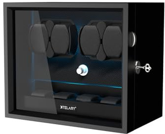 XTELARY Carica Orologi Automatici per 4 Orologi, Avvolgitori Automatici Bloccabili Con Scomparti Extra Per Orologi, 4 Modalità Di Rotazione, Cuscini Flessibili Per Orologi,Motore Silenzioso E Blu Luce
