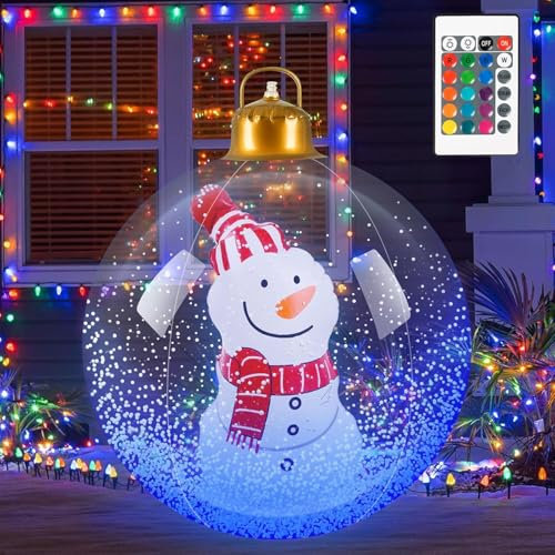 BomKra Aufblasbare Weihnachtskugel - 60CM Groß Weihnachtskugeln Outdoor, Beleuchteter Aufblasbarer Weihnachtsball mit Luftpumpe, Weihnachtsdekoration für den Außenbereich für Hof Garten (Schneemann)