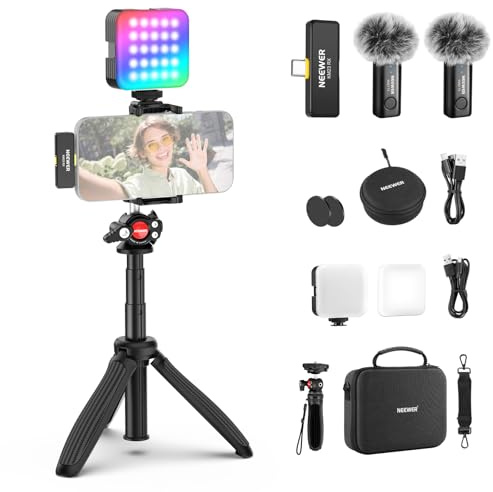 Neewer Vloggingkit för telefon med RGB LED-lampa/Lavalier trådlöst mikrofonsystem/selfiepinne telefonstativ, innehållsskapare nödvändigheter för iPhone Android Podcast YouTube, PA048
