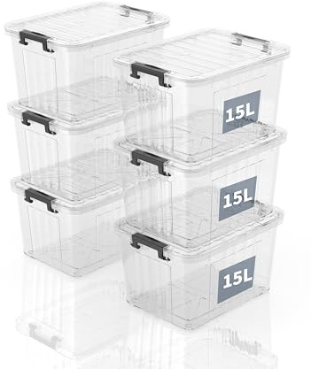 SpaceXpert Cajas de Almacenamiento de Plástico con Tapa, Diseño Rayado 15L, Contenedor Apilable Resistente para Hogar, Oficina y Garaje, Transparente de PP, Organizador Versátil, 15L (Paquete de 6)