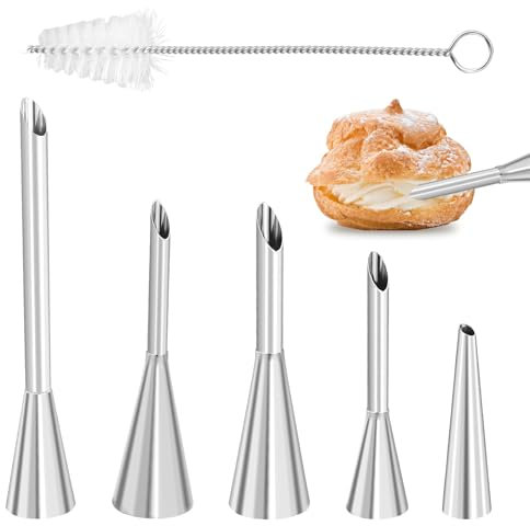 Filling Nozzle for Baking, Set of 6 Cream Piping Bag Nozzle, Piping Nozzles, Stainless Steel, Baking Syringe for Filling Cupcakes, Puffs, Cream, Jam, Puff Pastry, Doughnuts, Bread, Puff Pastry