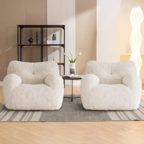 COCONINO WJ Bean Bag Chair, Filled Beanbag Chair for Living Room, Stuffed Beanbag Chairs, Comfy Bean Bag Chairs with Filling (Teddy Fabric in Ivory Set of 2, 39.37 D×37 W×27.56 H)