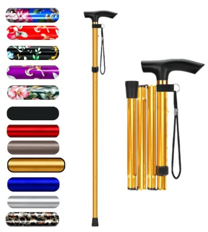 HATAF® Promenadstav, vikbara promenadkäppar för kvinnor, justerbara vikbara promenadkäppar för män, handikappshjälpmedel vikbara promenadkäppar för damer (gyllene)