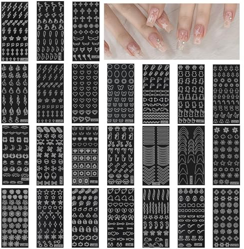 Oruola Lot de 24 feuilles de pochoirs à ongles pour nail art, aérographe, papillon, fleur, lune, étoile, cœur, croix, décalcomanies françaises, pochoirs d'impression, outils de bricolage