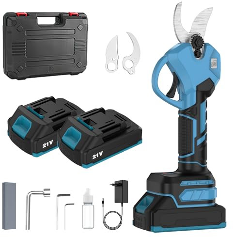 NUMNER Sécateur Électrique Sans Fil 40mm, Sécateur de Jardin avec 2 Batteries et Écran LCD, Lames Sharp Sk5, Moteur Sans Balais, Secateur Electrique pour Jardinage, Vigne, Arbre Fruitier (Bleu)