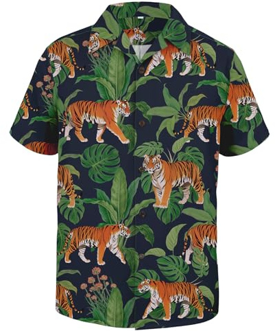 Mens Tiger Shirt - Green Tropical Monstera Leaf & Tiger Print Design - Wrinkle-Resistant Short Sleeve Button Down Animal Print Safari Shirt for Beach Vacation X-Large