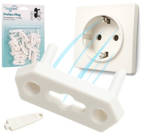 VegMai® Protector Enchufes para Bebés – 20 Tapas Enchufes Universales + 2 Llaves | Cubre Enchufes Seguridad Bebé | Kit Seguridad Compatible Schuko, 10A, 16A. (BLANCO)