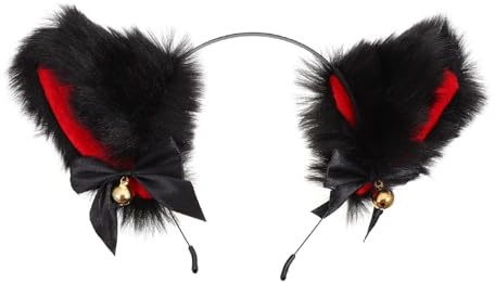 PLAFOPE Diadema Orejas de Gato Peluche con Campana para Cosplay Carnaval Halloween Fiesta Niñas Mujeres Accesorios de Pelo Negro Roja