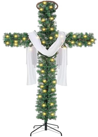 1.8M Weihnachtskreuz-Weihnachtsbaum mit Lichtern, Künstliches Grünes Kreuz mit Seidenschal, LED Weihnachtsdekoration, Funkelnde Weihnachtsbäume (1.8M)