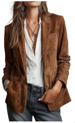 MERCH ATTIRE Dam lyxig mocka läder blazer jacka brun enkelknäppt skräddarsydd passform