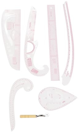 MasYosh 6st Skräddarlinjaler, PVC-plastkurva Manschettskala Skärande Rak Linjalsats för Klädtillverkning, med Skrivhjul och Trähandtag