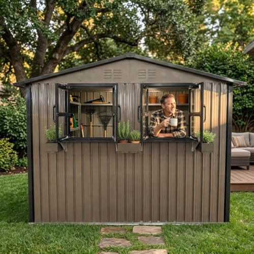 Caseta de jardín resistente a la intemperie con doble puerta, cobertizo de jardín de acero con estante de flores y ventanas, refugio para herramientas de jardín para bicicletas y herramientas de
