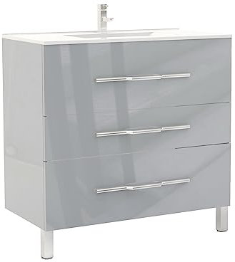 ONDÉE, Meuble à Poser Collection Alan, Plan céramique 1 Vasque, 3 Tiroirs à Fermeture Progressive, Livré monté, Fabriqué en Europe, Norme PEFC, Largeur 90cm, Gris laqué Brillant