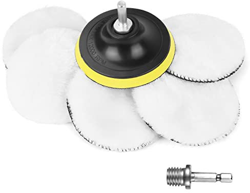 URAQT Kit 8 Pezzi di Lucidatura Auto, 100mm Tamponi per Lucidatura Auto, Tamponi Lucidatura Lana con M10 Adattatore Trapano e Adattatore Esagonale, Disco per Lucidatura Auto per Pulizia e Lucidatura.