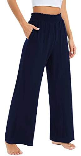 Famulily High Waisted Lounge Pants Women Casual Pleated Loose Long Wide Leg Stretch Trousers Blue XXL