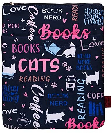 Cat Books Coffee Book Sleeves Protector, Cats Book Sleeve with Zipper, 11x8.5 Inch Washable Fabric Book Lovers (Cat Books Coffee)