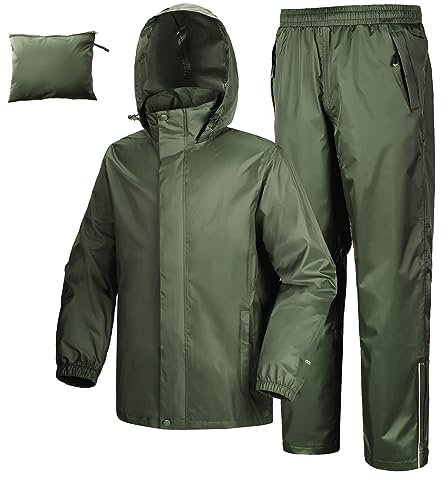 33,000ft Herren Damen Regenanzug Reflektierender Wasserdichter Regenkombi Packbare Winddichte Regenjacke+Regenhose mit Innennetz Regenkleidung für Fischen Wandern Camping, Armeegrün S
