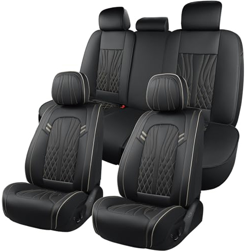 MINGBRON Leather Car Seat Covers 5 Pieces, Full Set Universal Seat Covers for Cars, Waterproof Nappa Leather Auto Seat Protectors, Black Car Seat Cover Most Sedans SUV Pick-up Truck Black&BeigeLine