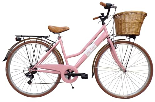 Cicli Tessari - bicicletta da donna bici da città city bike da passeggio 28'' con cambio vintage retro' cesto in vimini (rosa)
