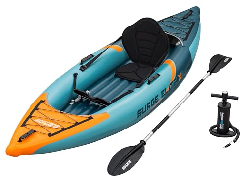 Bestway Hydro Force Kajak-Set Surge Elite X1 312 x 94 x 30 cm, 1 Person, bis 130 kg, 3 Luftkammern, Wildwasser, TriTech-Material, Verstellbarer Sitz, 2 abnehmbare Finnen, Ruder, Pumpe, Rucksack